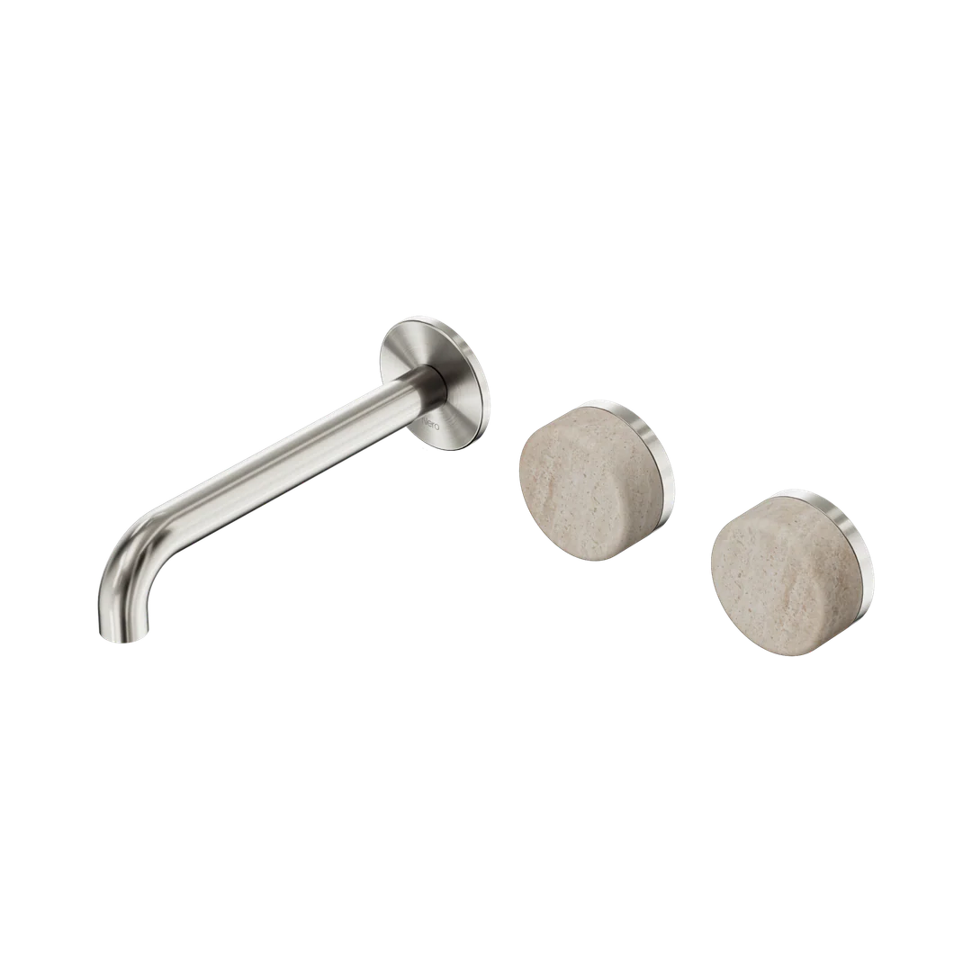 Nero Serenity Wall Basin Set 185Mm Offset Spout With Rome Travertine Handle Brushed Nickel
