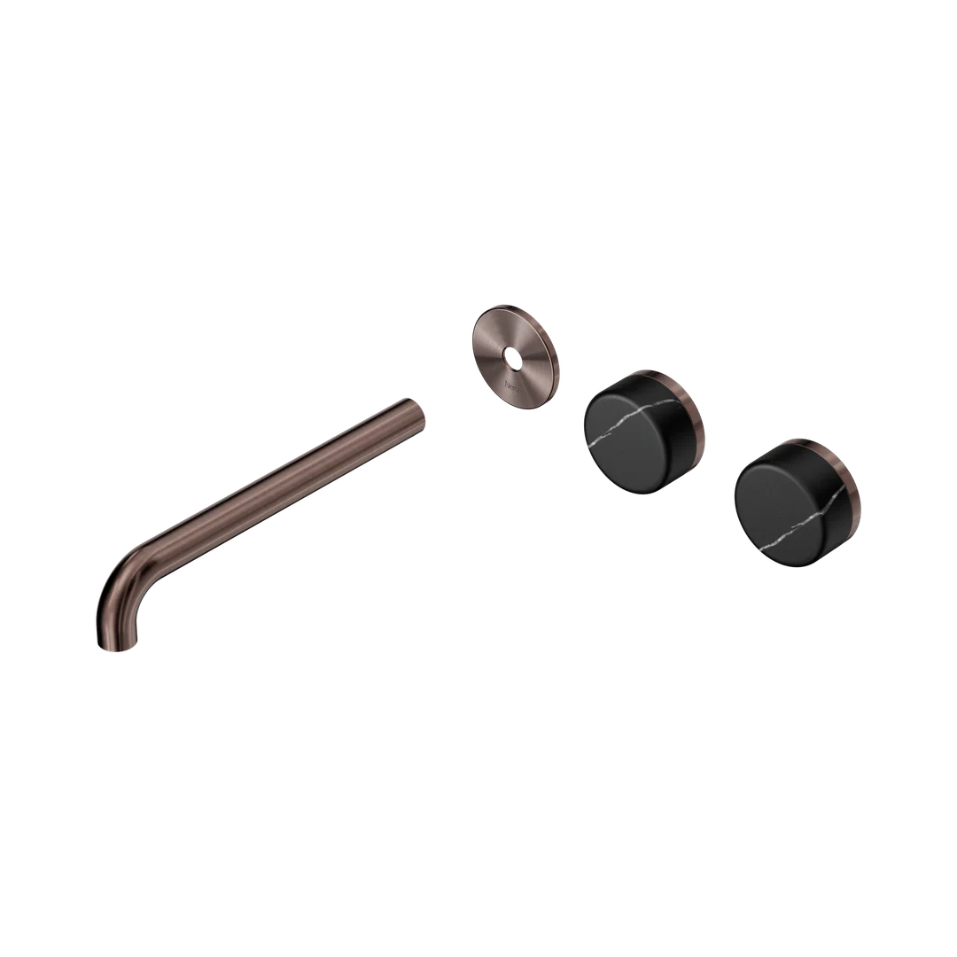 Nero Serenity Wall Basin Set 220Mm Offset Spout Marquina Black Handle Trim Kit Brushed Bronze