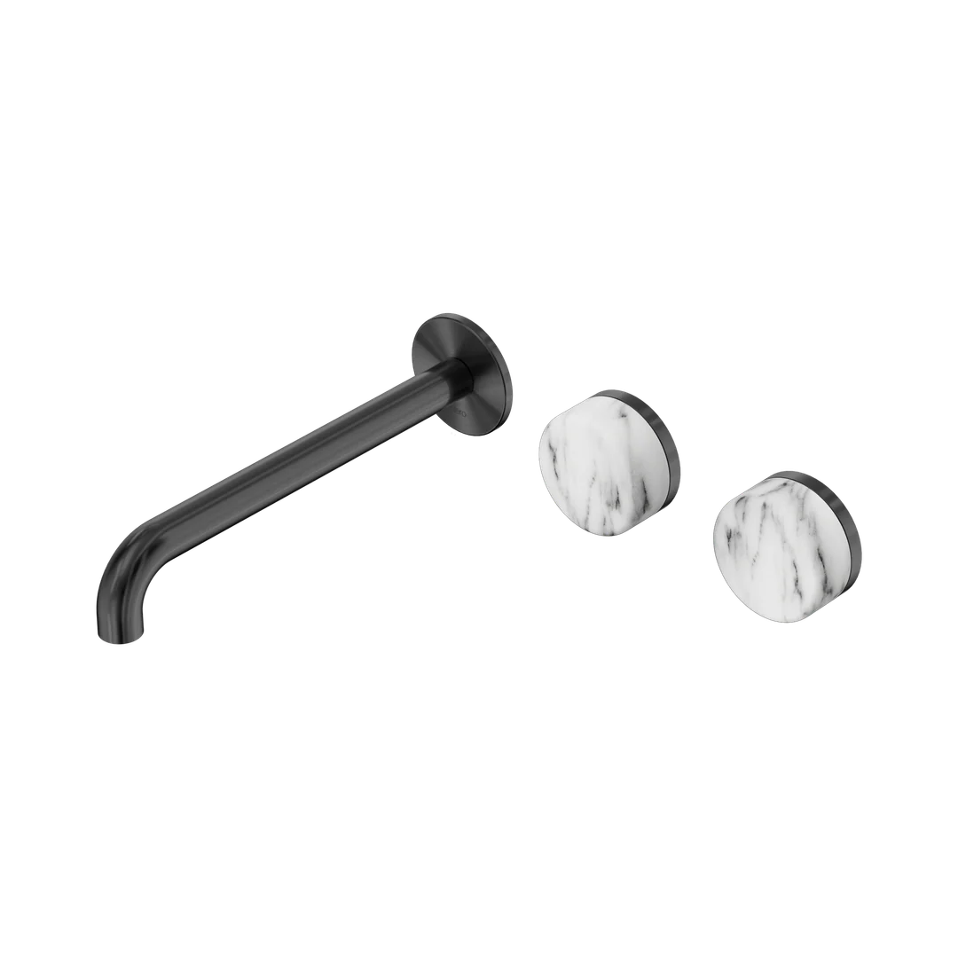 Nero Serenity Wall Basin Set 220Mm Offset Spout With Arabescato Corchia Handle Gun Metal