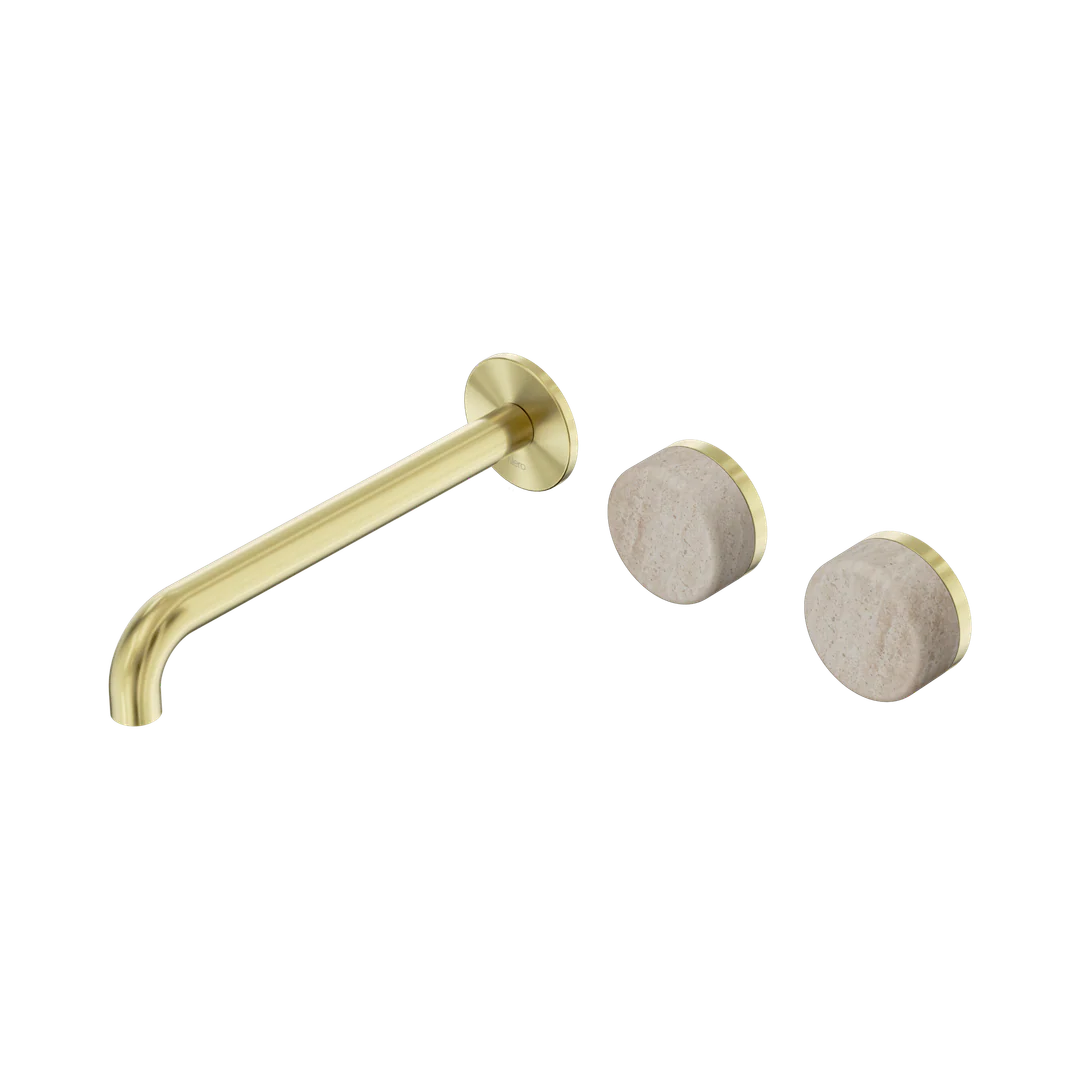 Nero Serenity Wall Basin Set 220Mm Offset Spout With Rome Travertine Handle Brushed Gold