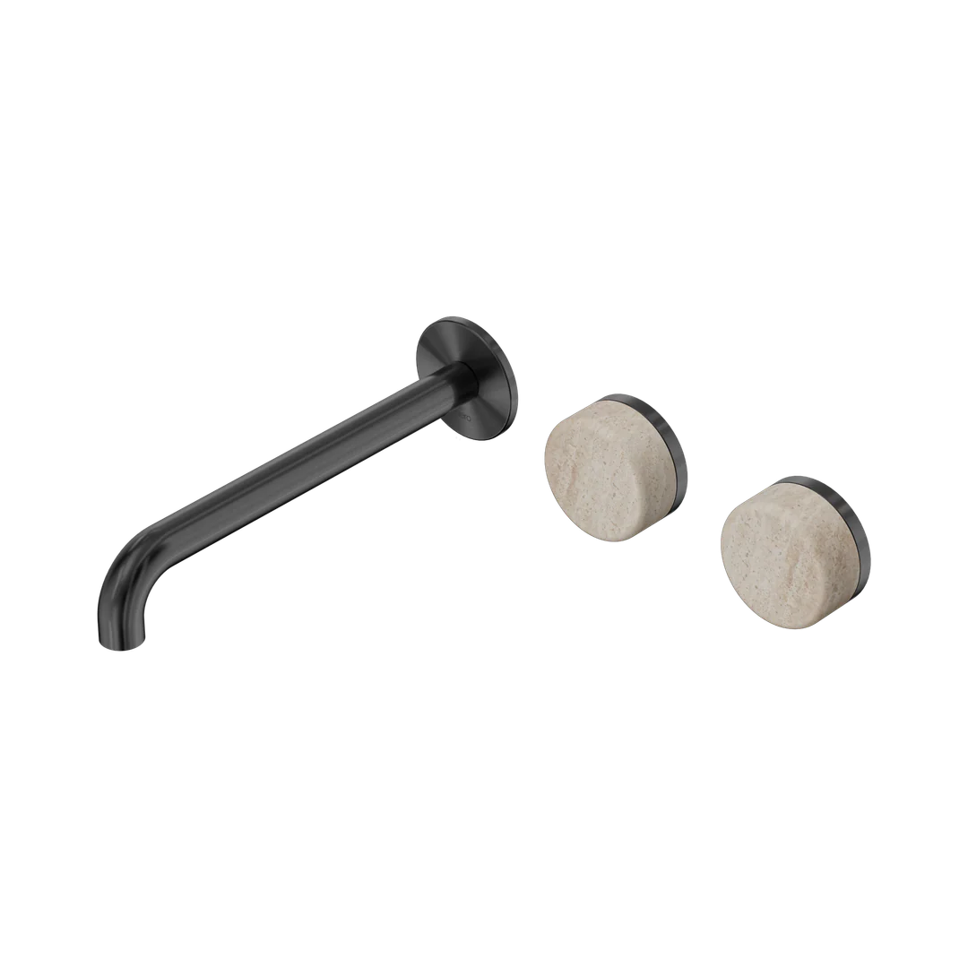 Nero Serenity Wall Basin Set 220Mm Offset Spout With Rome Travertine Handle Gun Metal