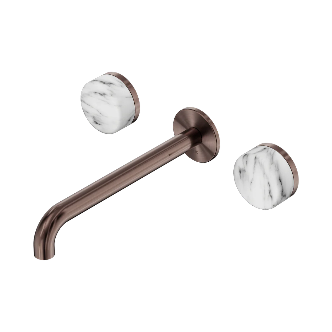 Nero Serenity Wall Basin Set 220Mm Spout With Arabescato Corchia Handle Brushed Bronze