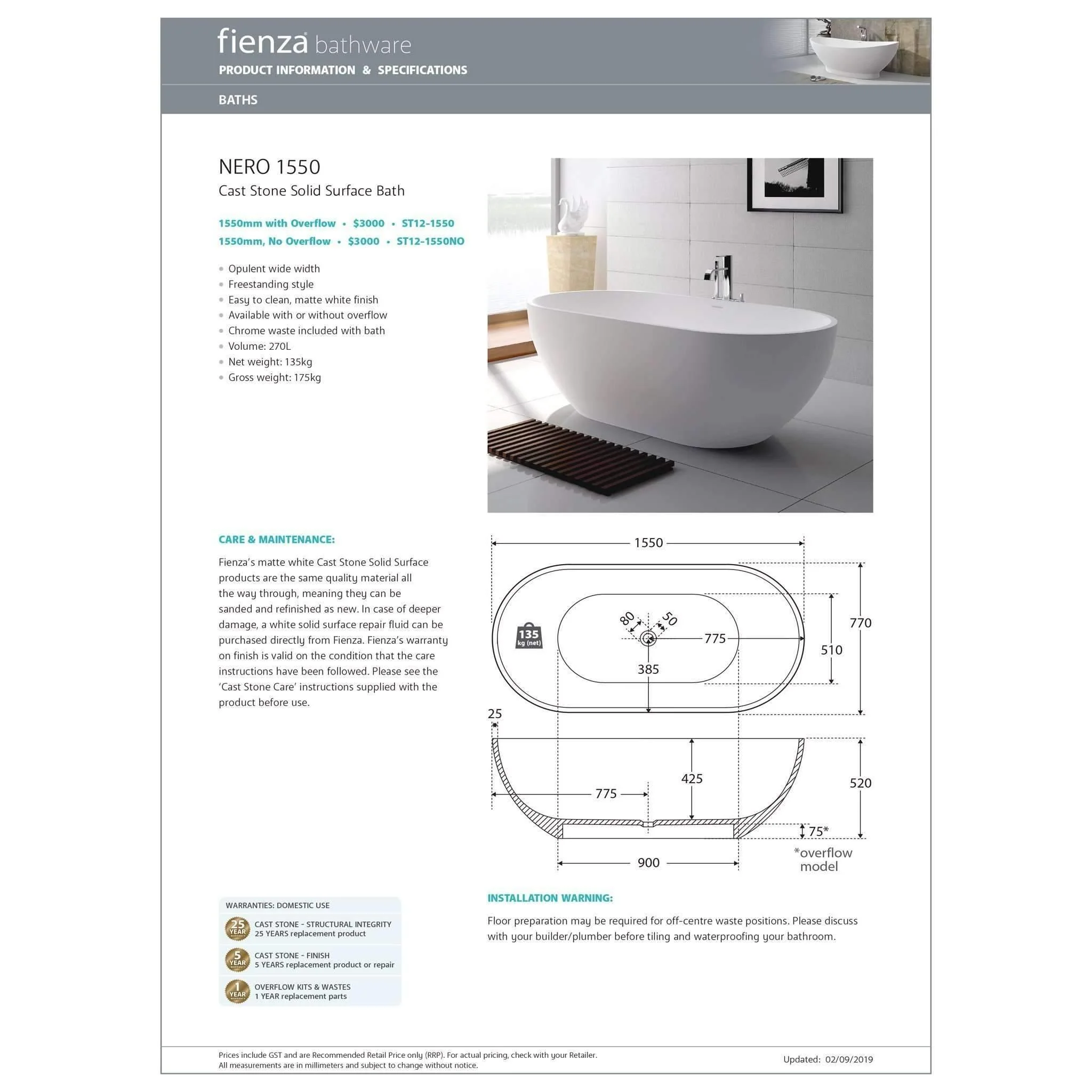 Fienza Nero Solid Surface Bath  1500mm - Image 5