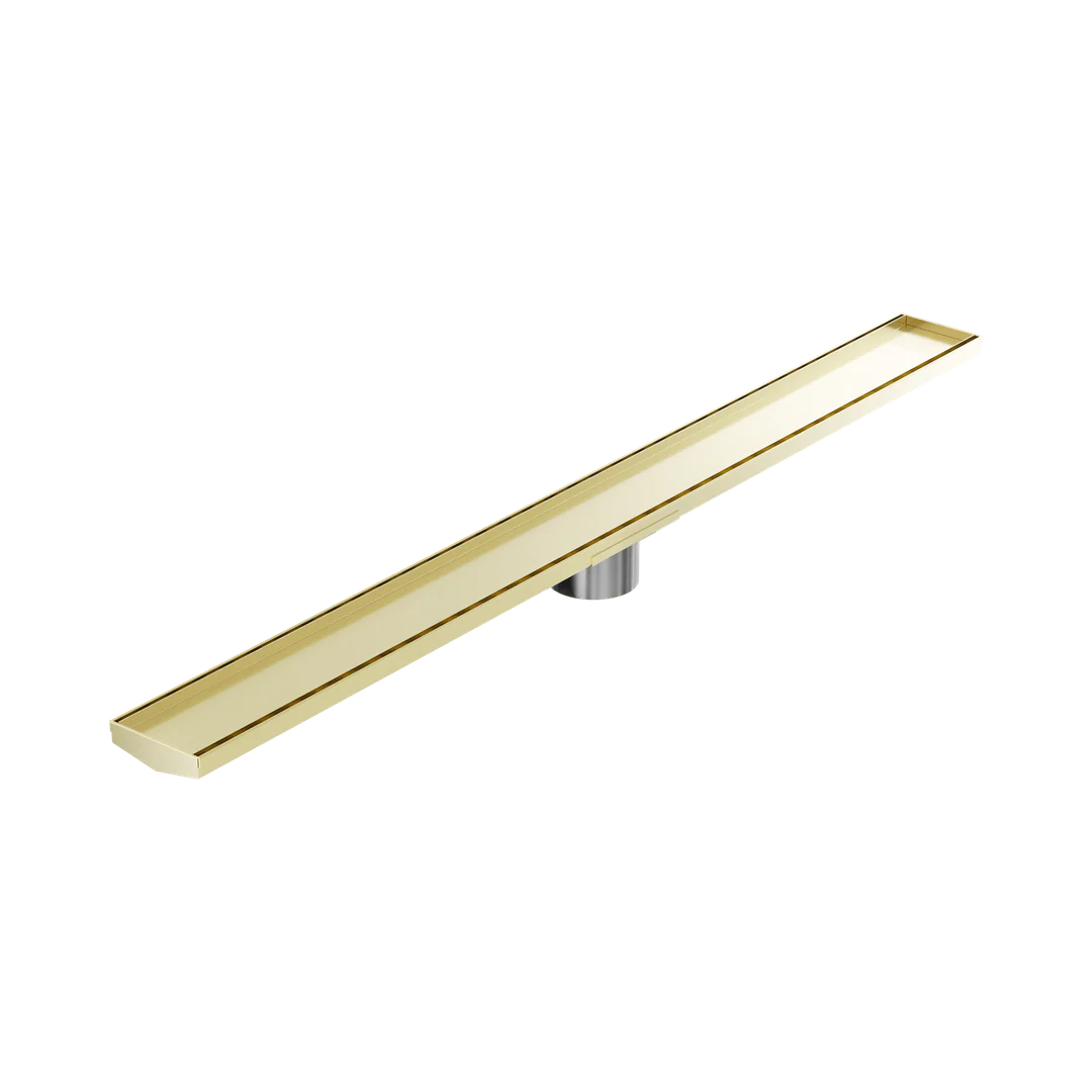 Nero Tile Insert V Channel 1200X106Mm Floor Grate 90Mm Outlet Brushed Gold