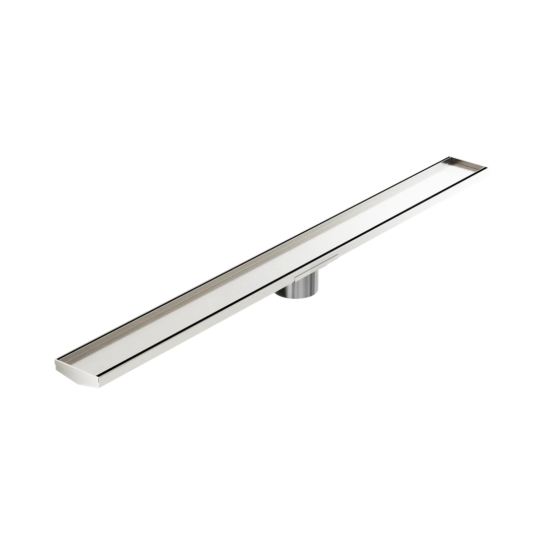 Nero Tile Insert V Channel 1200X106Mm Floor Grate 90Mm Outlet Brushed Nickel