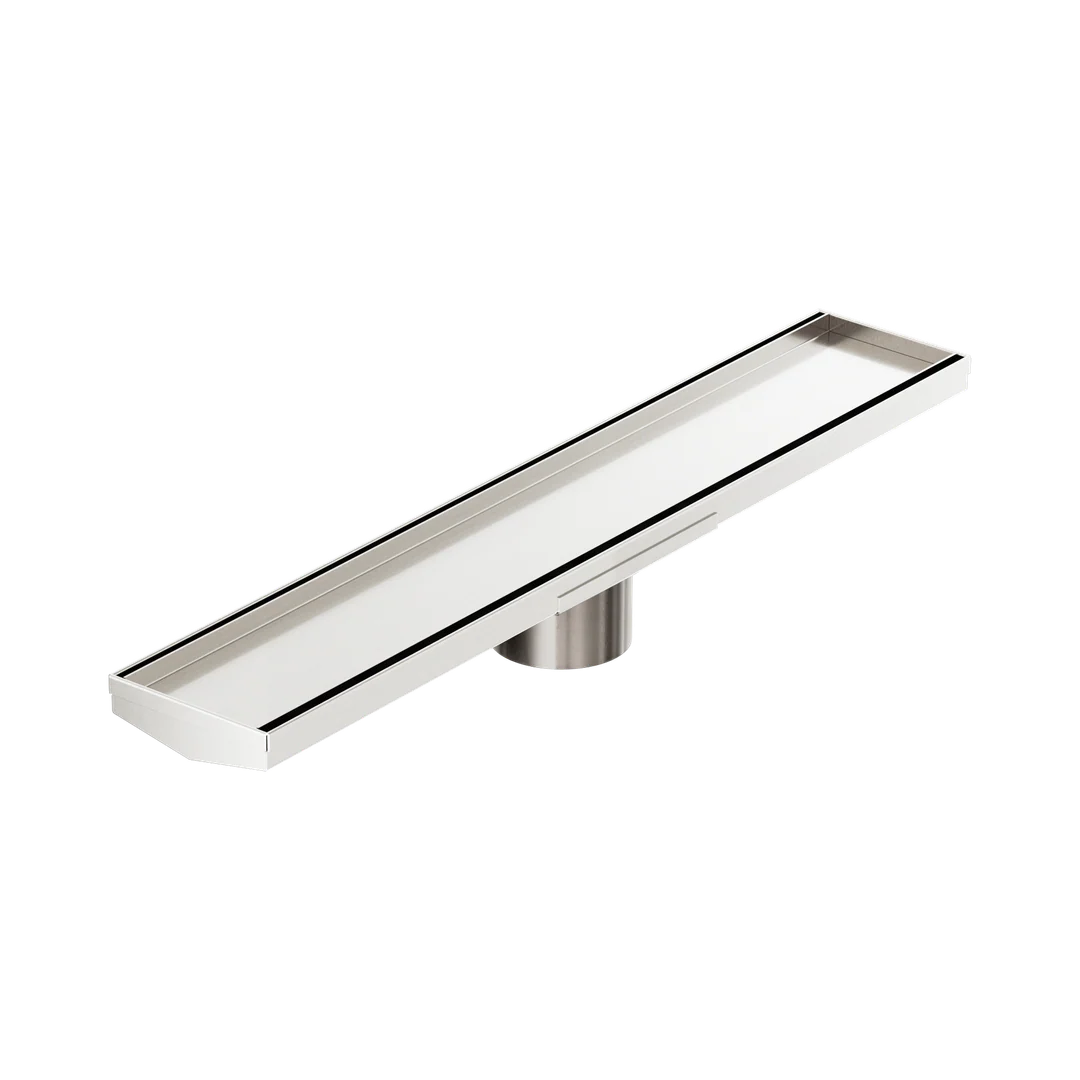 Nero Tile Insert V Channel 600X106Mm Floor Grate 80Mm Outlet Brushed Nickel