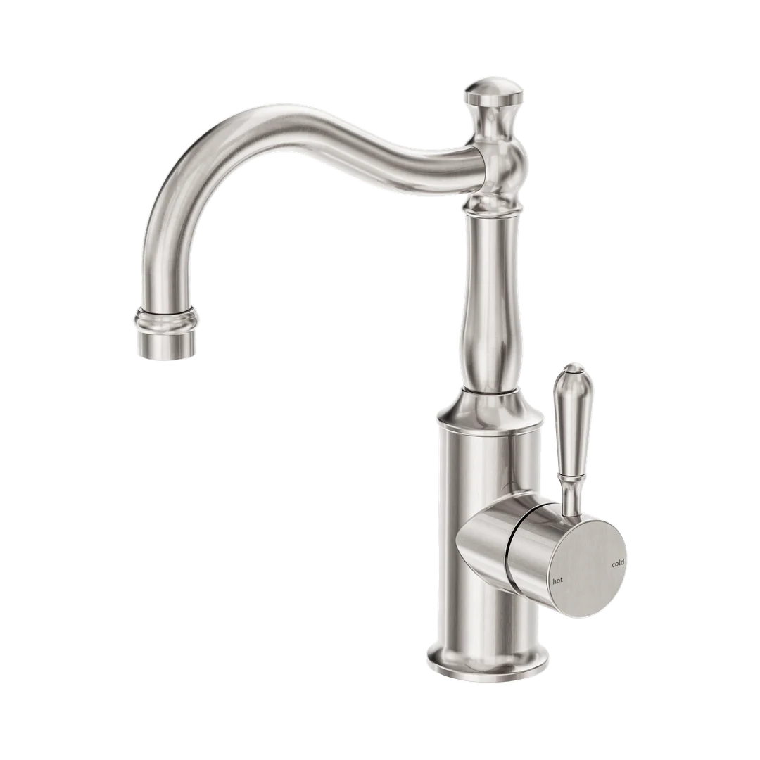 Nero York Basin Mixer Hook Spout With Metal Lever Brushed Nickel