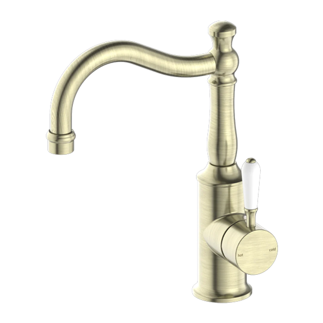Nero York Basin Mixer Hook Spout With White Porcelain Lever Aged Brass - Image 2
