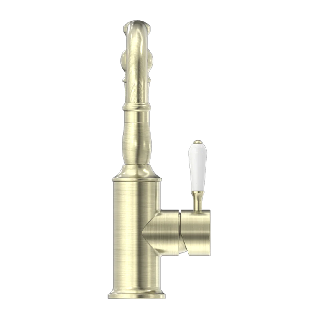 Nero York Basin Mixer Hook Spout With White Porcelain Lever Aged Brass - Image 4