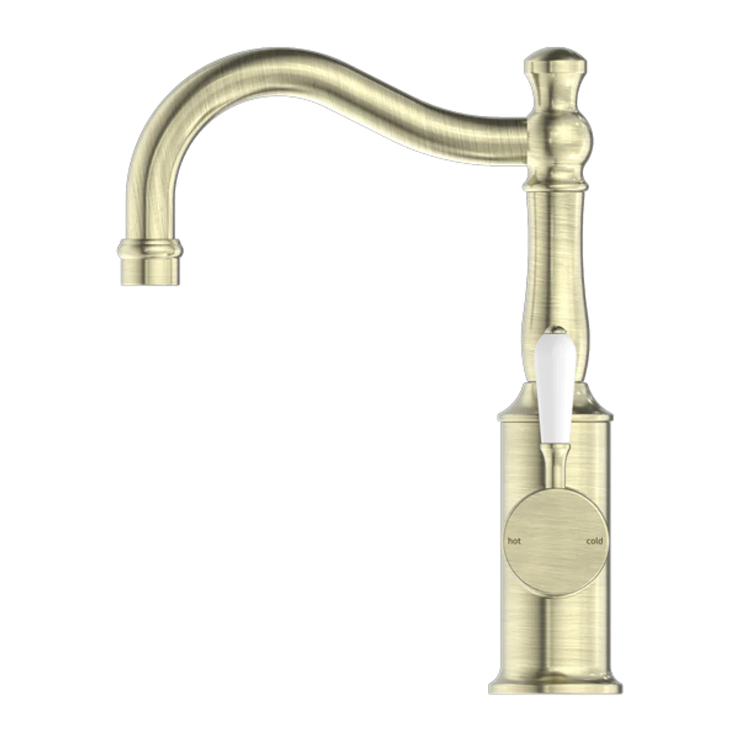 Nero York Basin Mixer Hook Spout With White Porcelain Lever Aged Brass - Image 5