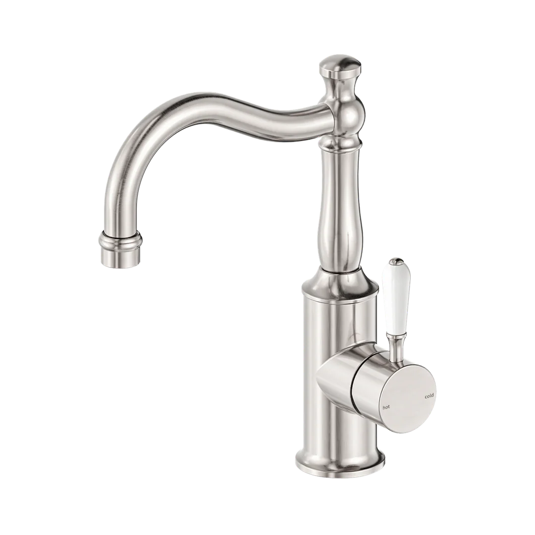 Nero York Basin Mixer Hook Spout With White Porcelain Lever Brushed Nickel