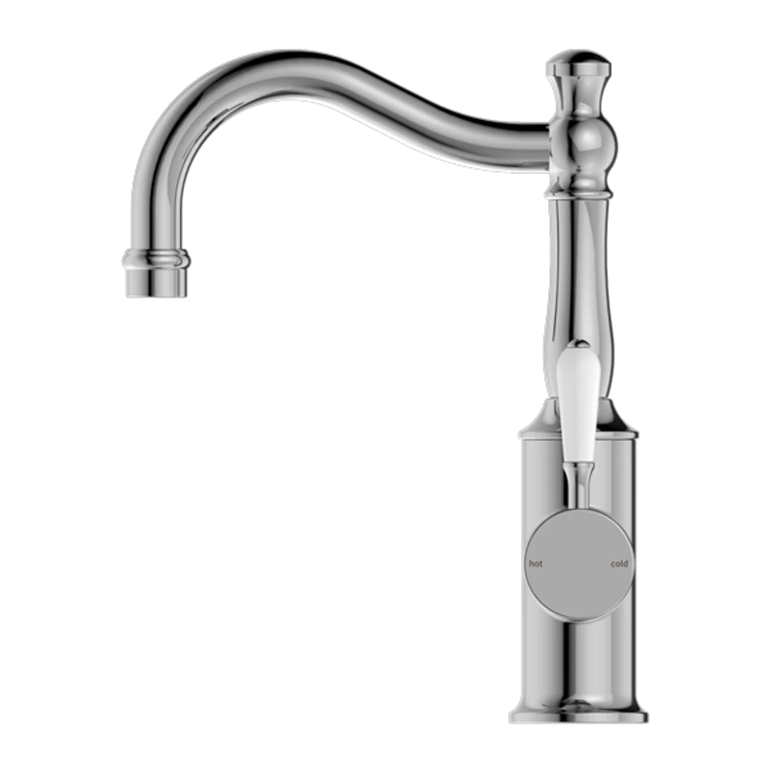 Nero York Basin Mixer White Porcelain Lever Hook Spout Chrome - Image 5
