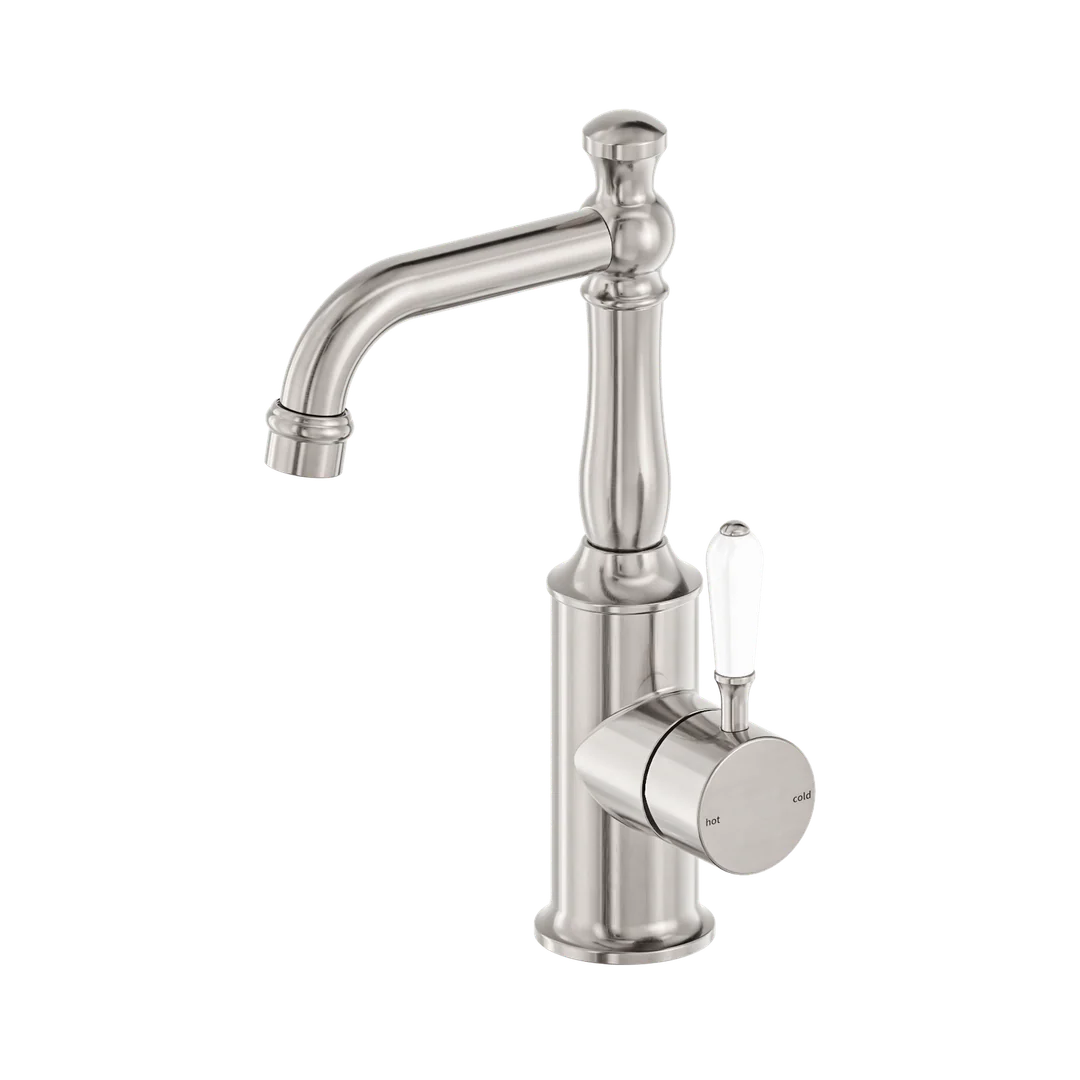 Nero York Basin Mixer With White Porcelain Lever Brushed Nickel