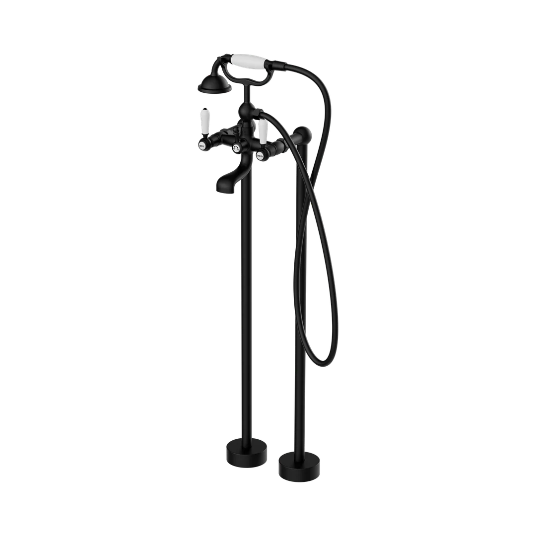 Nero York Freestanding Bath Set With White Porcelain Hand Shower Matte Black