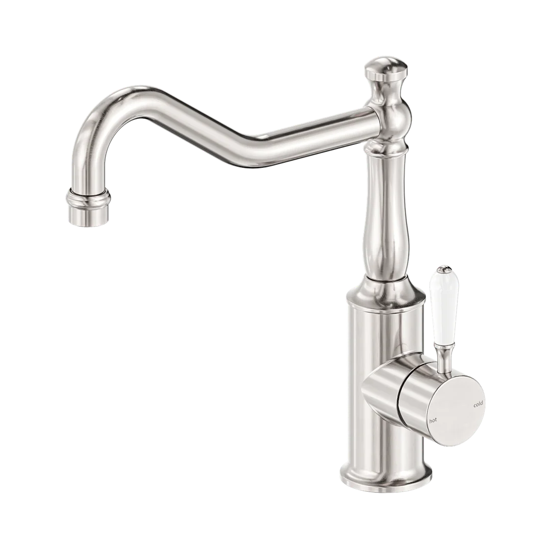 Nero York Kitchen Mixer Hook Spout With White Porcelain Lever Brushed Nickel