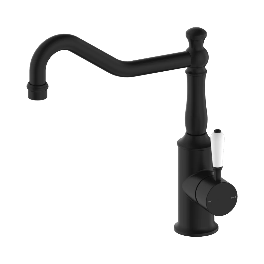 Nero York Kitchen Mixer Hook Spout With White Porcelain Lever Matte Black