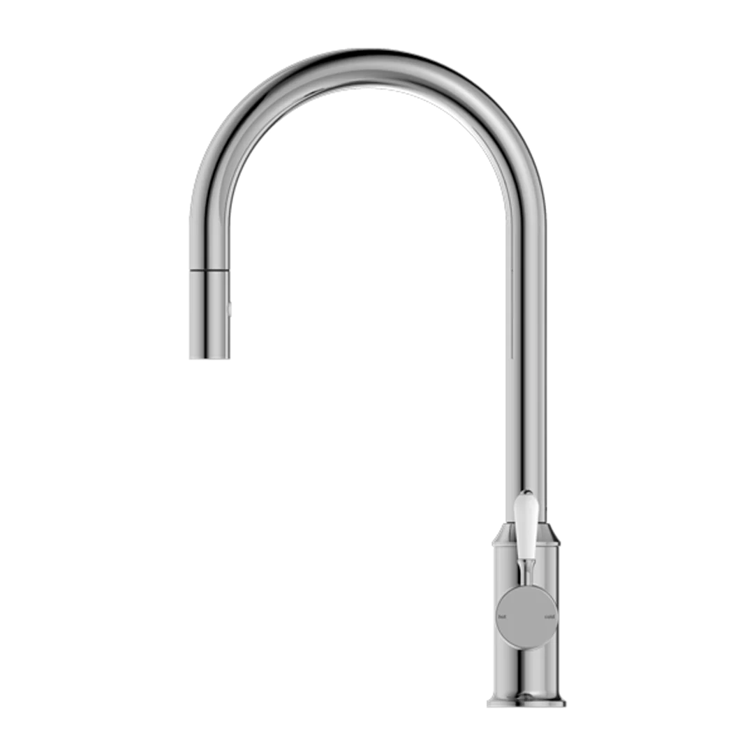Nero York Pull Out Sink Mixer With Vegie Spray Function With White Porcelain Lever- Chrome - Image 5