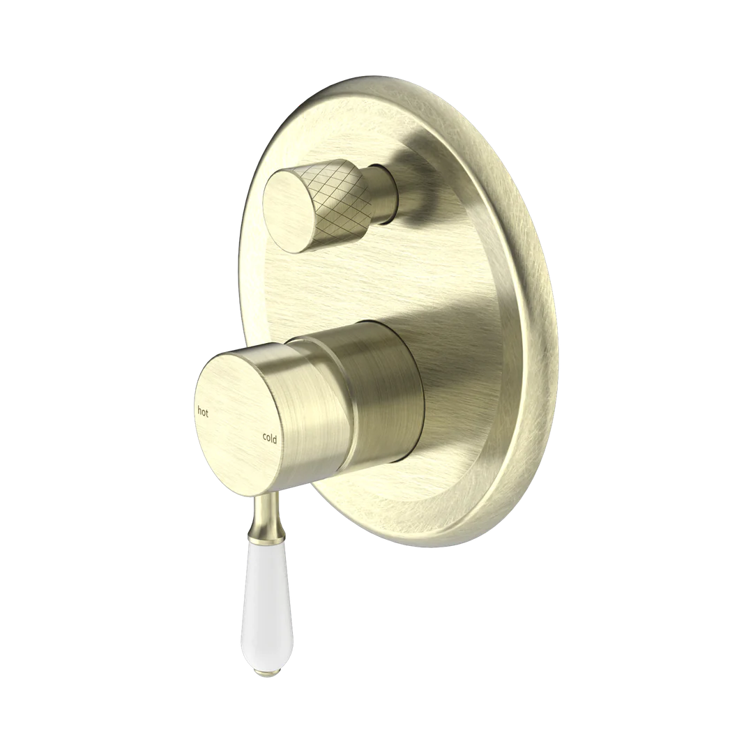 Nero York Shower Mixer With Diverter With White Porcelain Lever Aged Brass