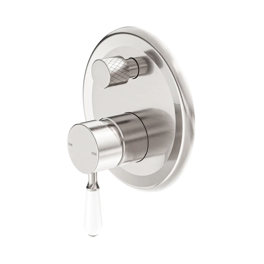 Nero York Shower Mixer With Diverter With White Porcelain Lever Brushed Nickel