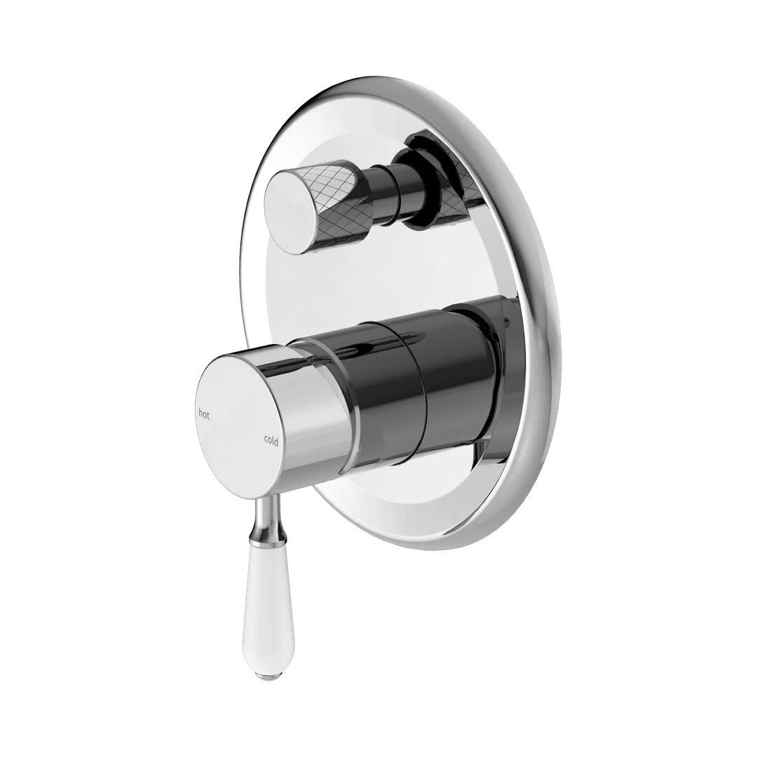 Nero York Shower Mixer With Diverter With White Porcelain Lever Chrome