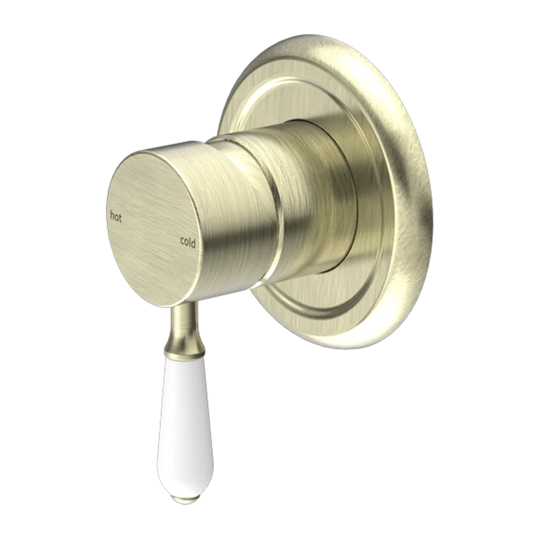 Nero York Shower Mixer With White Porcelain Lever Aged Brass - Image 2
