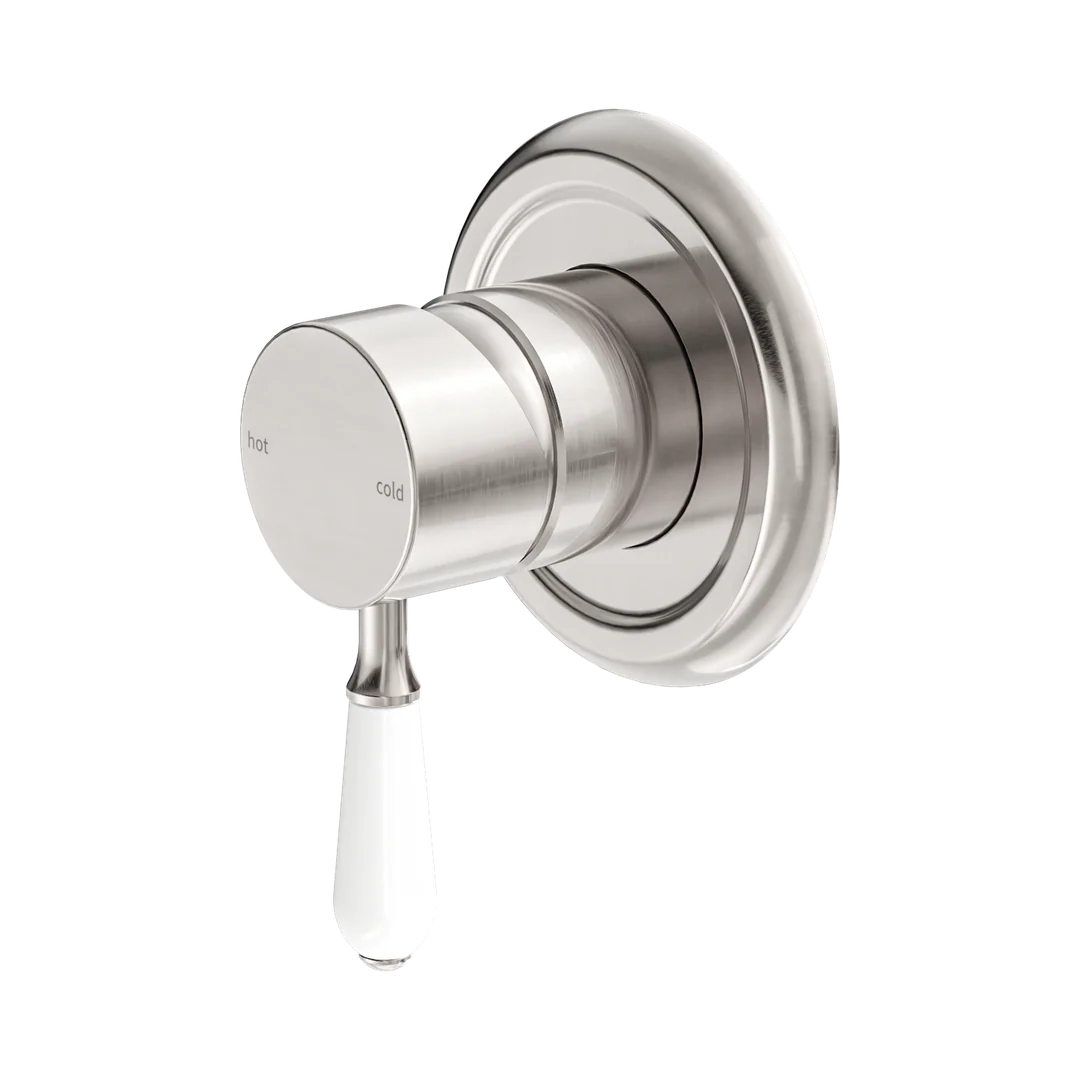 Nero York Shower Mixer With White Porcelain Lever Brushed Nickel