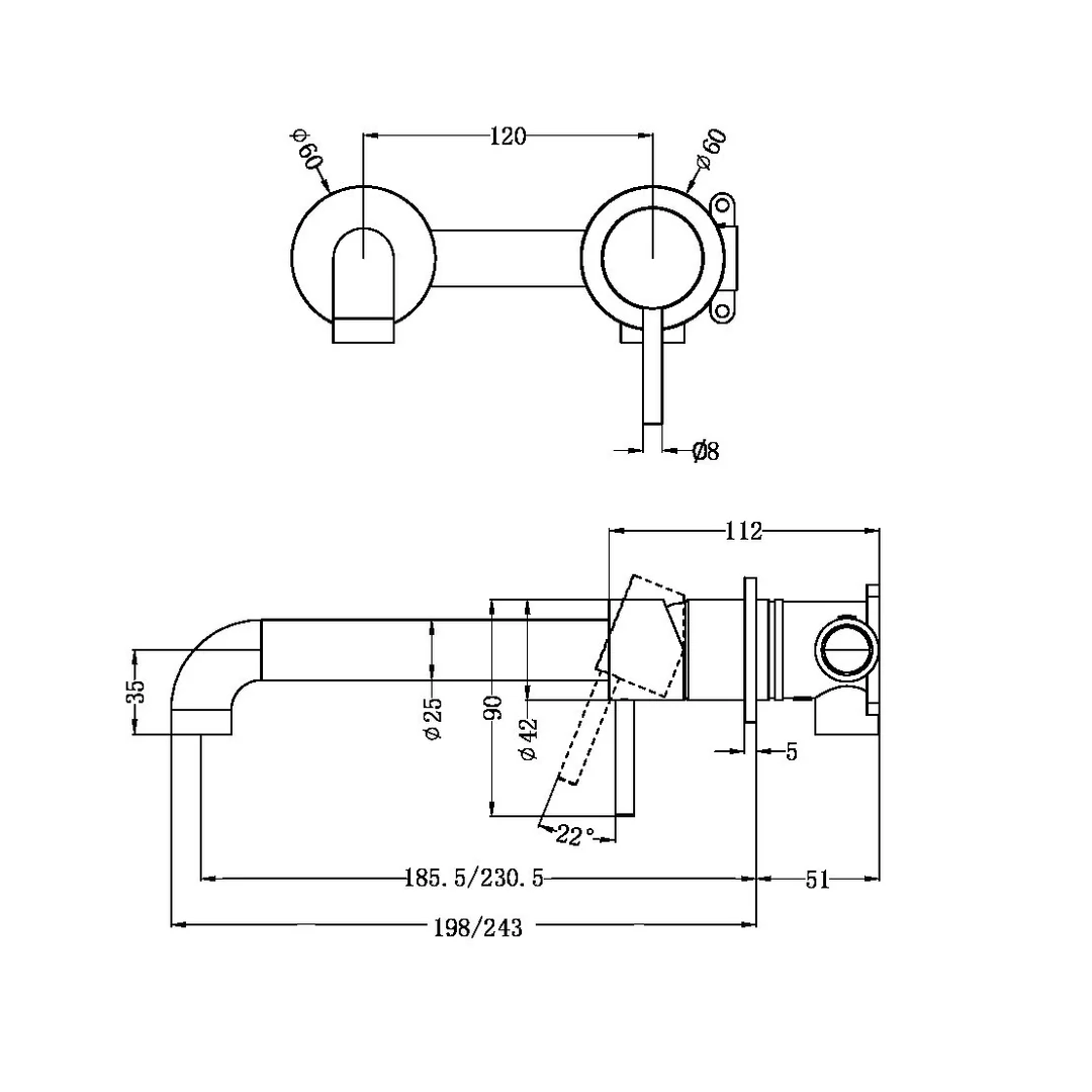 Nero Zen Stainless Steel Wall Basin/Bath Mixer Separate Back Plate 185Mm Spout Brushed Nickel - Image 2