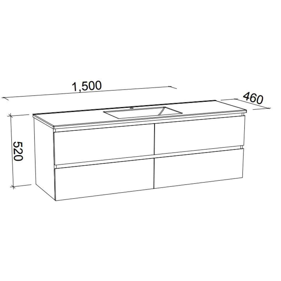 Nevada Plus Wall Hung Vanty 1500mm single bowl Silk Surf Top Above Counter Basin - Image 4