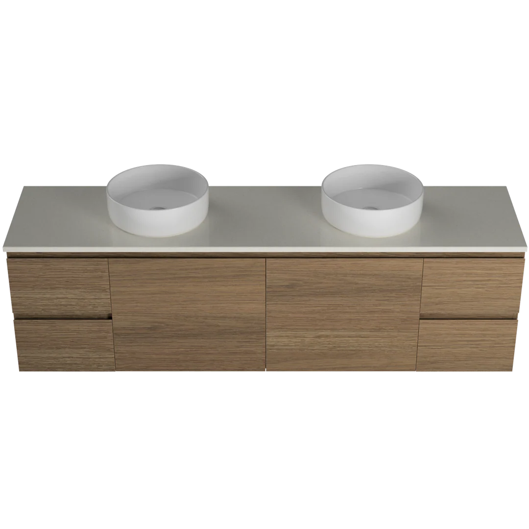 Timberline Nevada Vanty 1800 Dbl Bowl 20mm Silk Surf Top & Ceramc A/Countr Basn Wall Hng