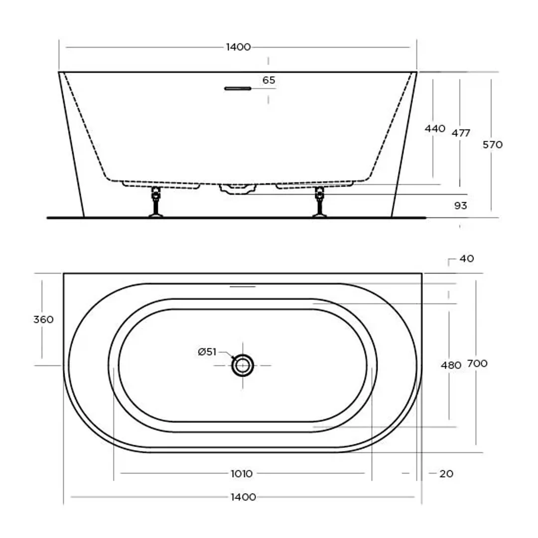 Oceano Eco 1400 Back-to-Wall Bath White 1400mm X 700mm - Image 2