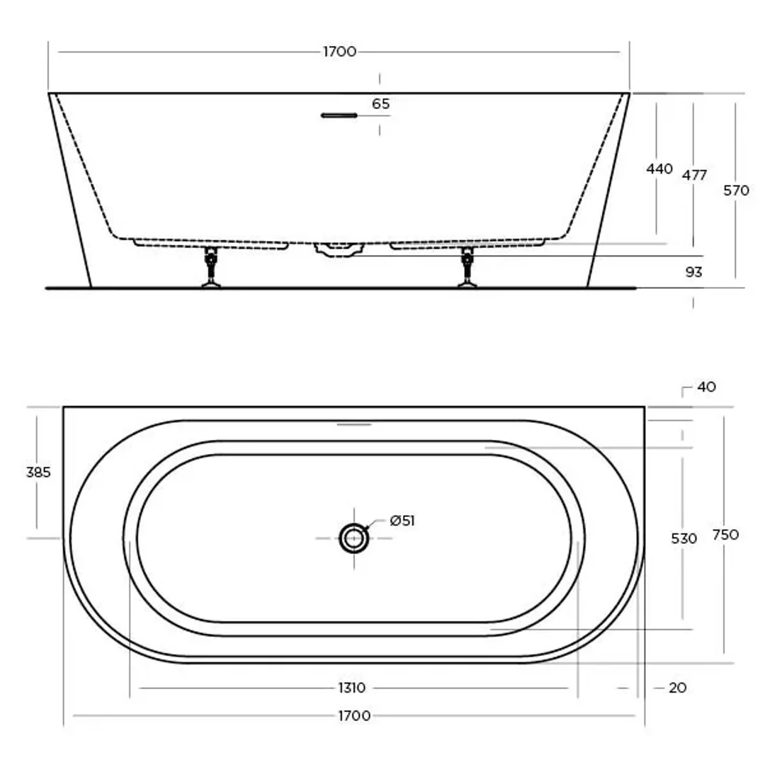 Oceano Eco 1700 Back-to-Wall Bath White 1700mm X 750mm No Overflow - Image 2
