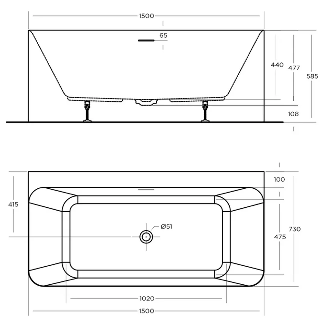 Oceano Lunus 1500 Back-to- Wall Bath White 1500mm X 750mm - Image 2