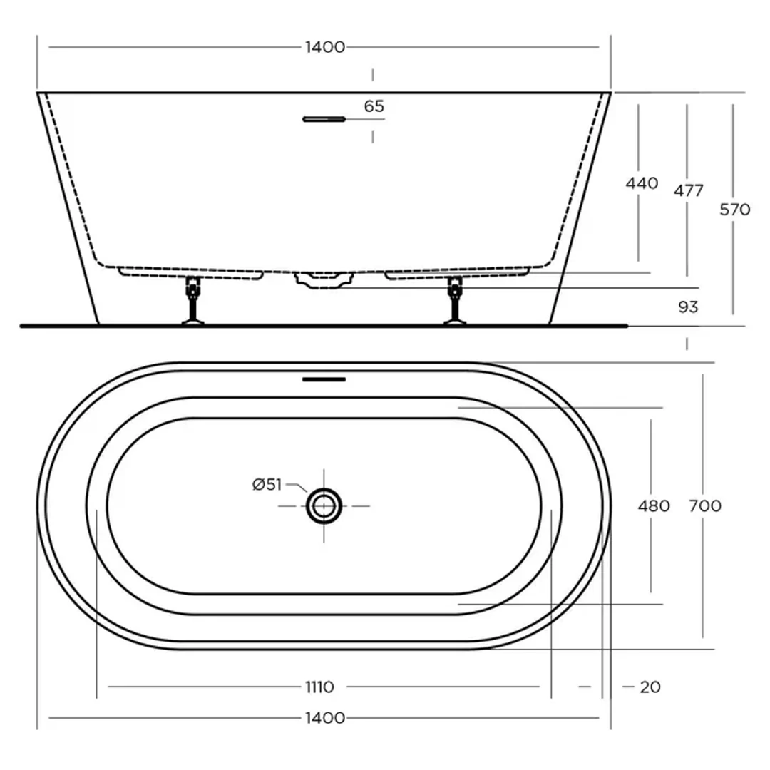 Oceano Nava 1400 Freestanding Bath White 1400mm X 700mm - Image 2