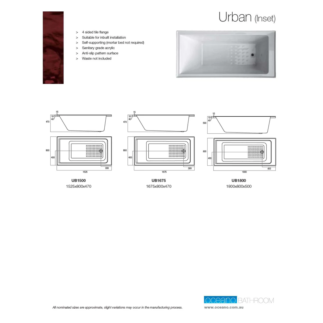 Oceano Urban Inset Bath White Anti Slip 1800mm - Image 3