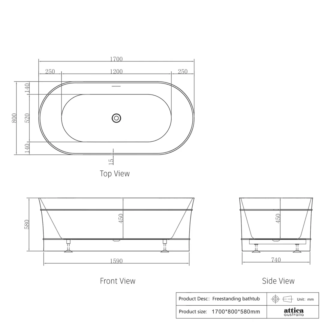 Otti Attica Bondi 1700X800X580 Matte White Freestanding Bath With Overflow. - Image 2