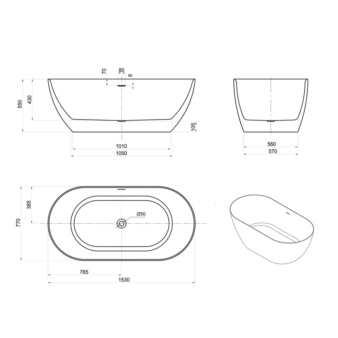 Otti Attica Manolo 1530 Gloss White Freestanding Bath With Overflow - Image 2