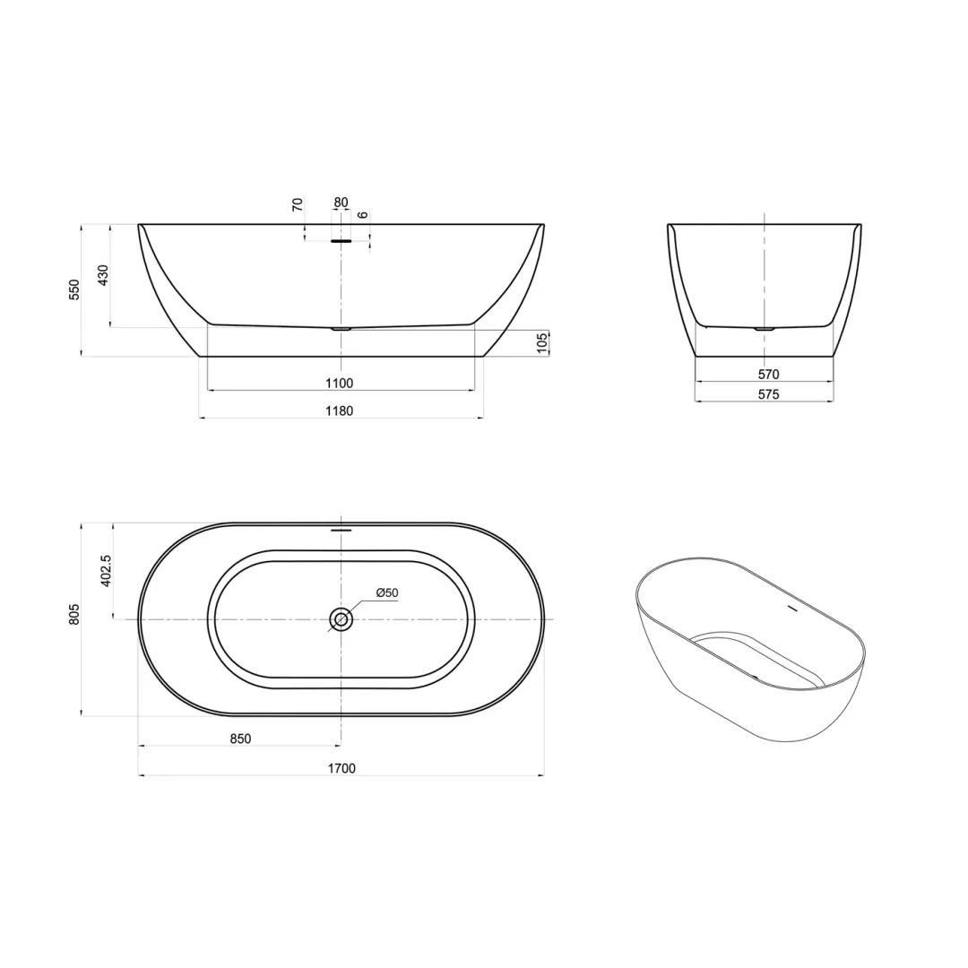 Otti Attica Manolo 1700 Gloss White Freestanding Bath With Overflow - Image 2