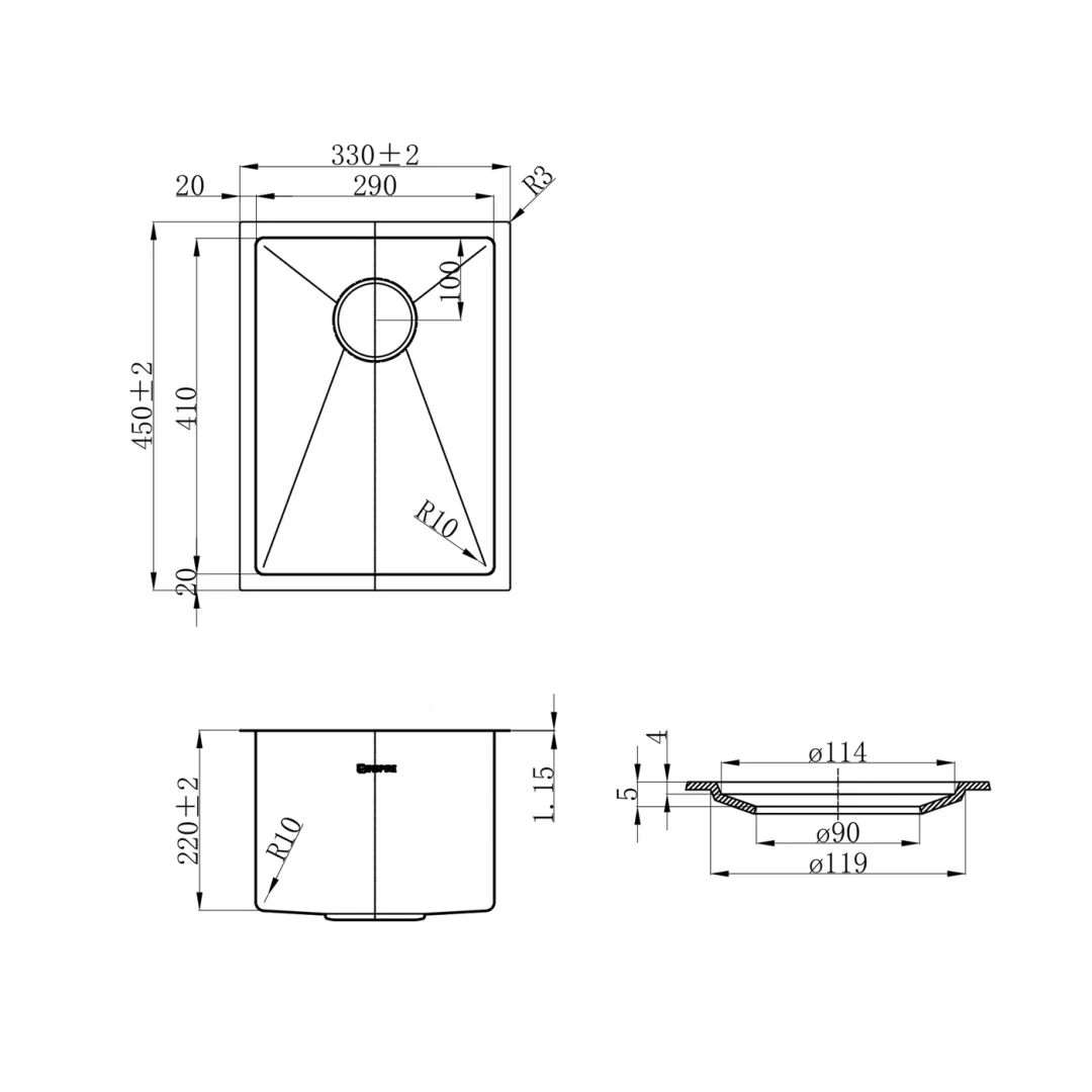 Otti Axon Sink 33S 330X450X220 Gun Metal - Image 2