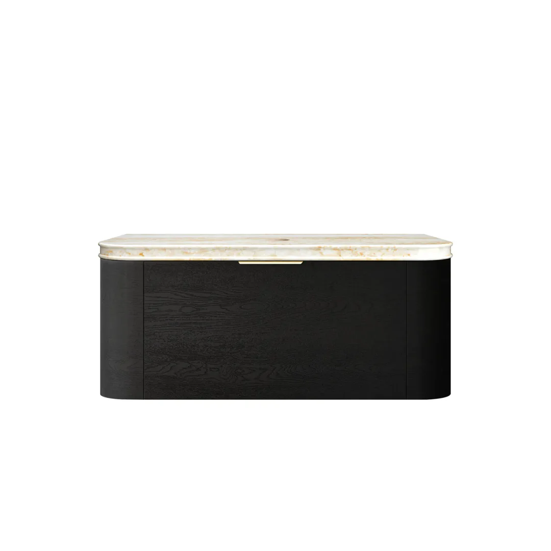 Otti Bondi 1200Mm Black Oak Wall Hung Curve Vanity With Sand Dune Top