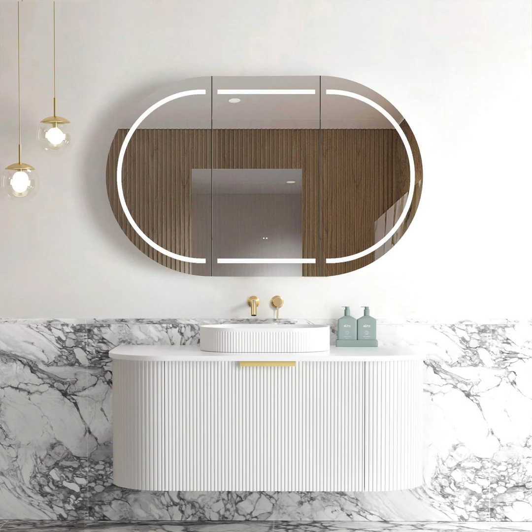OTTI BONDI 1200X460X450 W/HUNG SATIN WHITE FLUTED CABINET WITH GOLD HANDLE 200MM