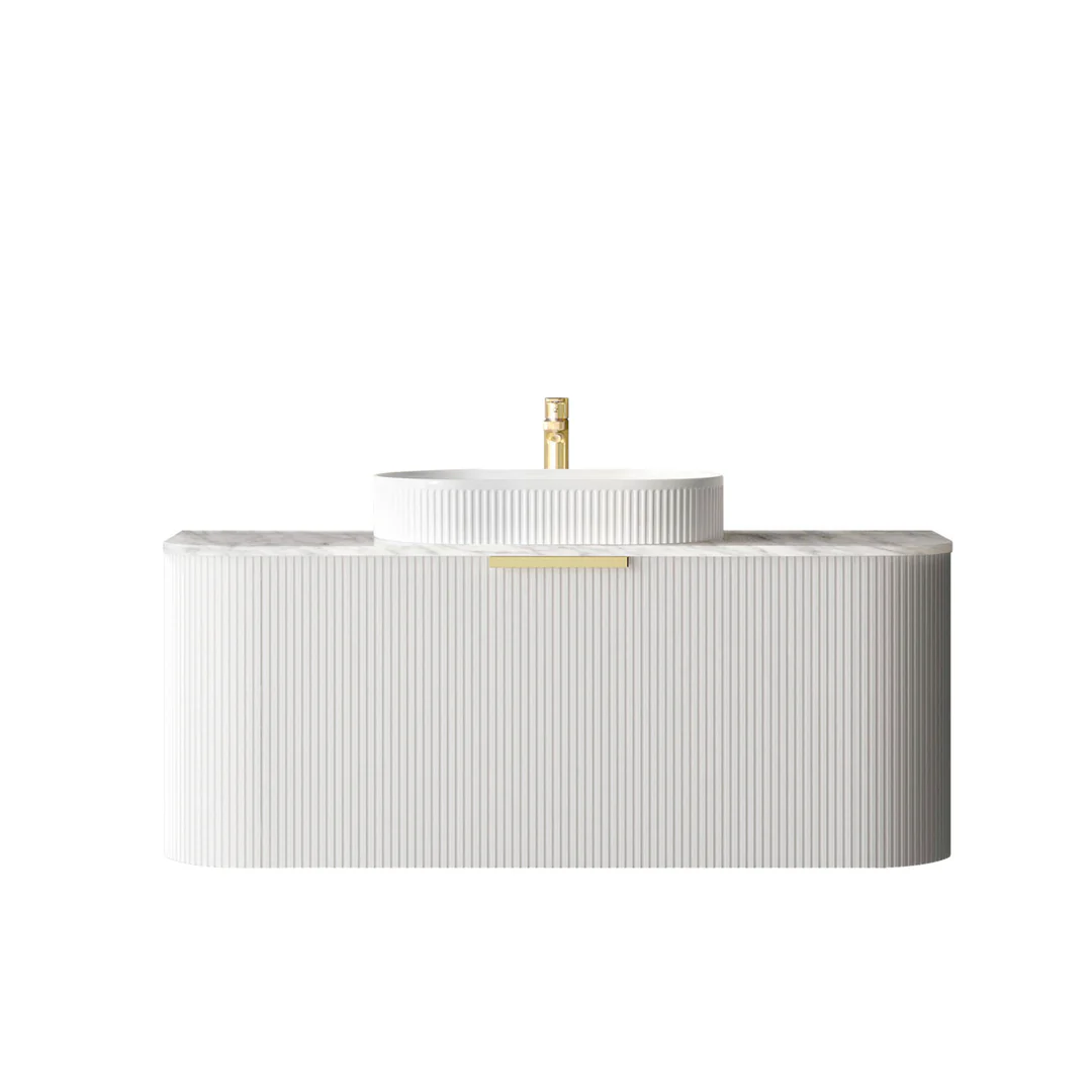Otti Bondi 1200X460X450 Wall Hung Satin White Fluted Vanity Natural Carrara & Gold Handle - Image 2
