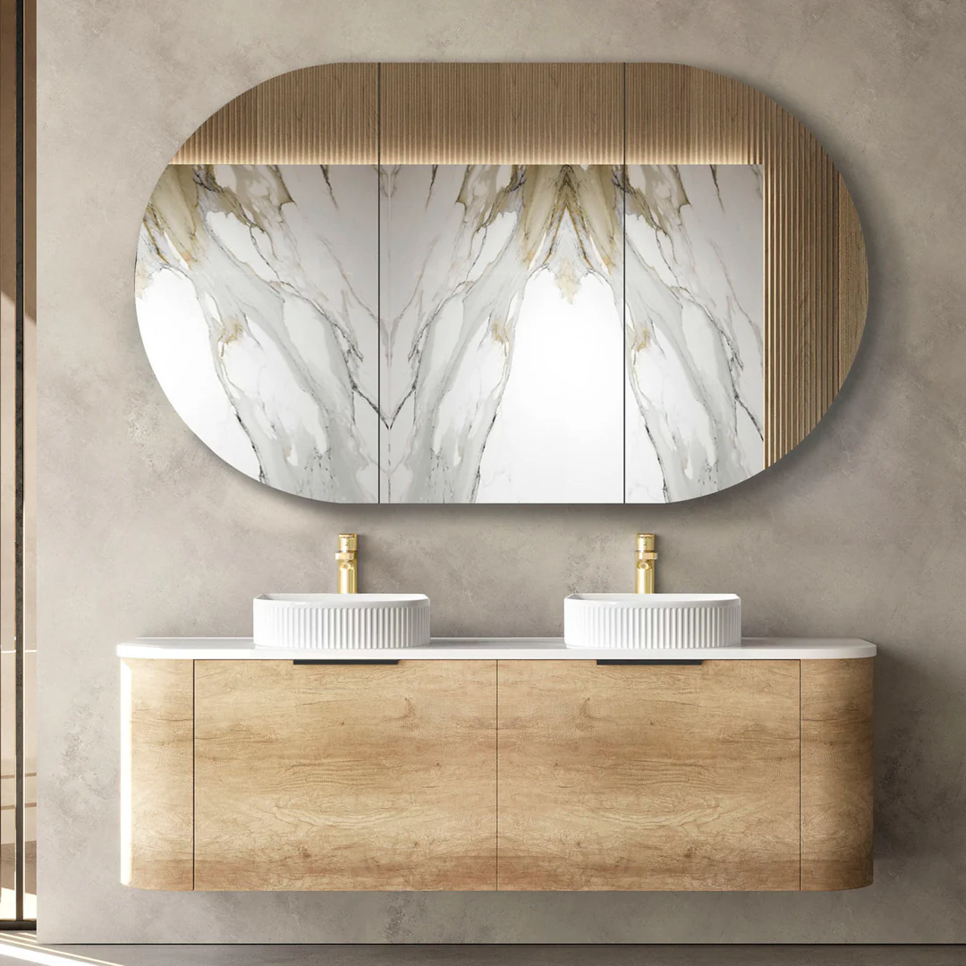 OTTI BONDI 1500X450X450 WALL HUNG NATURAL OAK CABINET FOR DOUBLE BOWLS BASIN BLACK HANDLE - Image 2