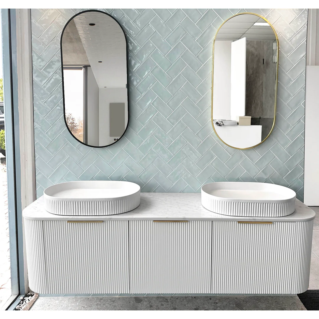 Otti Bondi 1800X460X450 W/Hung Satin White Fluted Cabinet Double Bowls Basin Gold Handle - Image 2