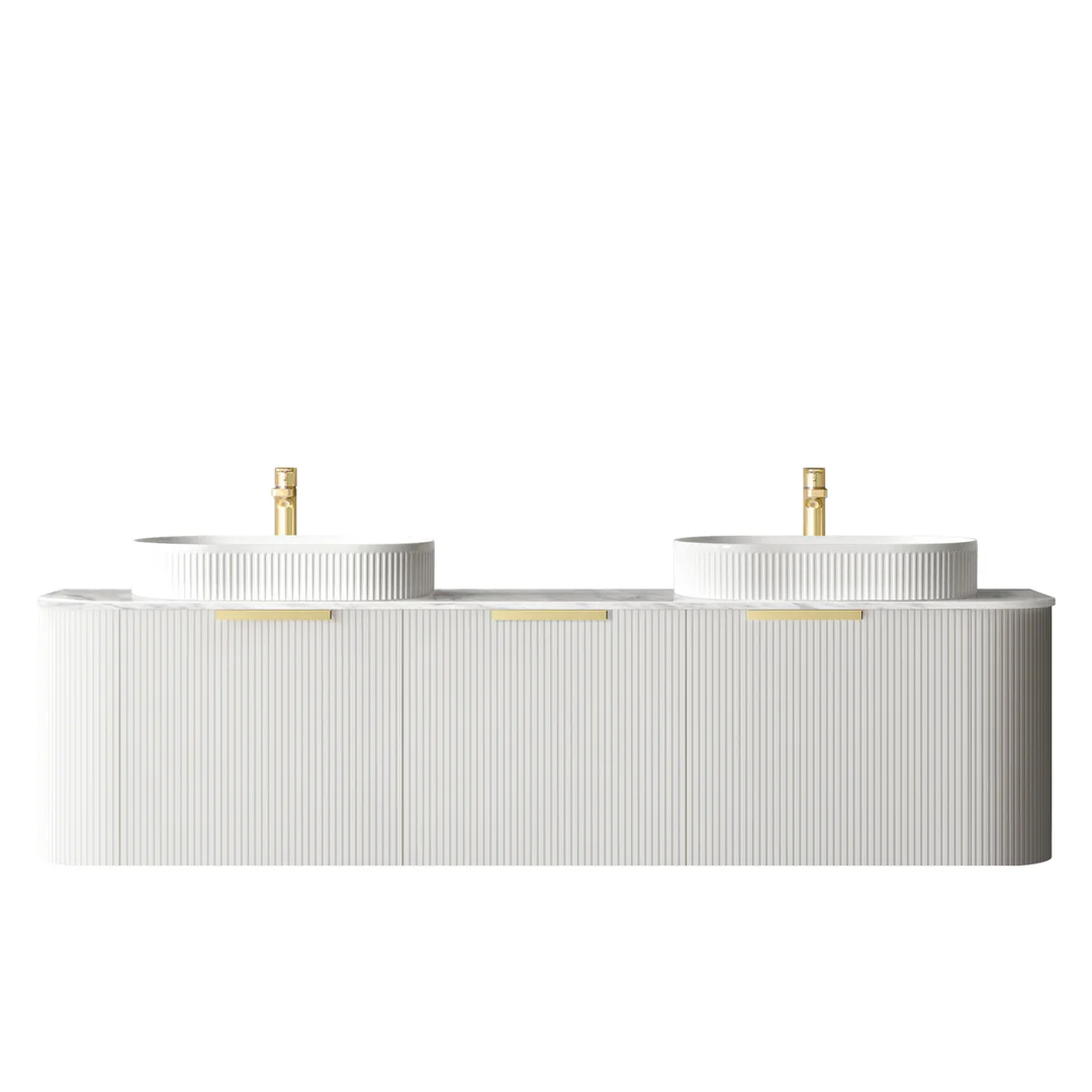 Otti Bondi 1800X460X450 Wall Hung Satin White Fluted Vanity Natural Carrara & Gold Handle - Image 2