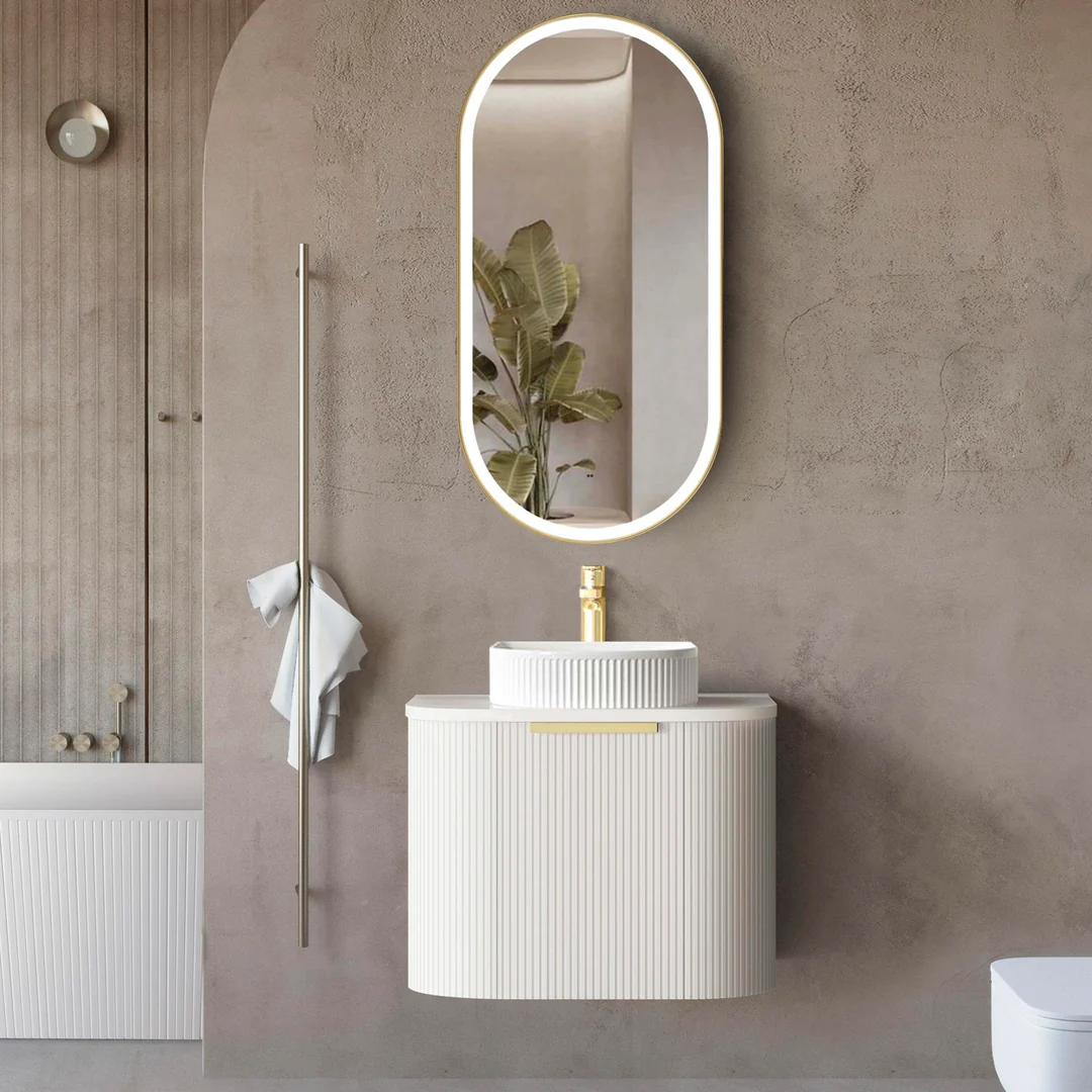 Otti Bondi 600X460X450 W/Hung Satin White Fluted Cabinet With Gold Handle 120Mm