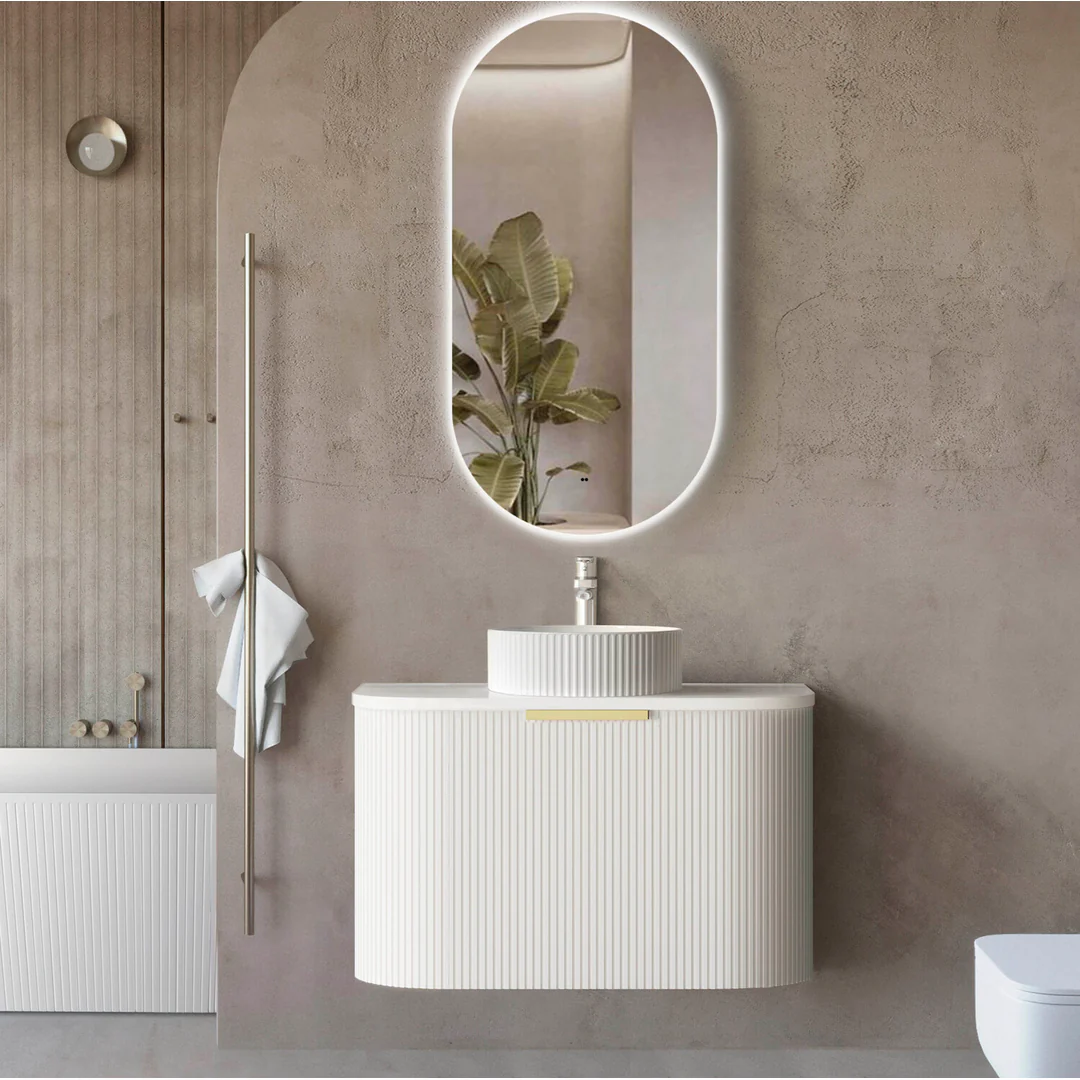 Otti Bondi 750X460X450 W/Hung Satin White Fluted Cabinet With Gold Handle 200Mm
