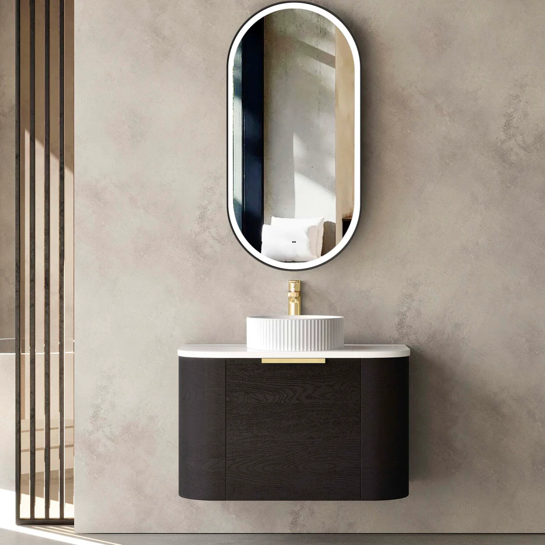 Otti Bondi 750X460X450 Wall Hung Black Oak Plywood Cabinet With Gold Handle 200Mm