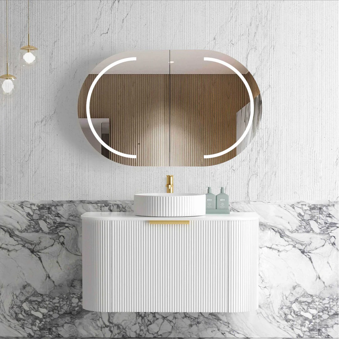 Otti Bondi 900X460X450 W/Hung Satin White Fluted Cabinet With Gold Handle 200Mm
