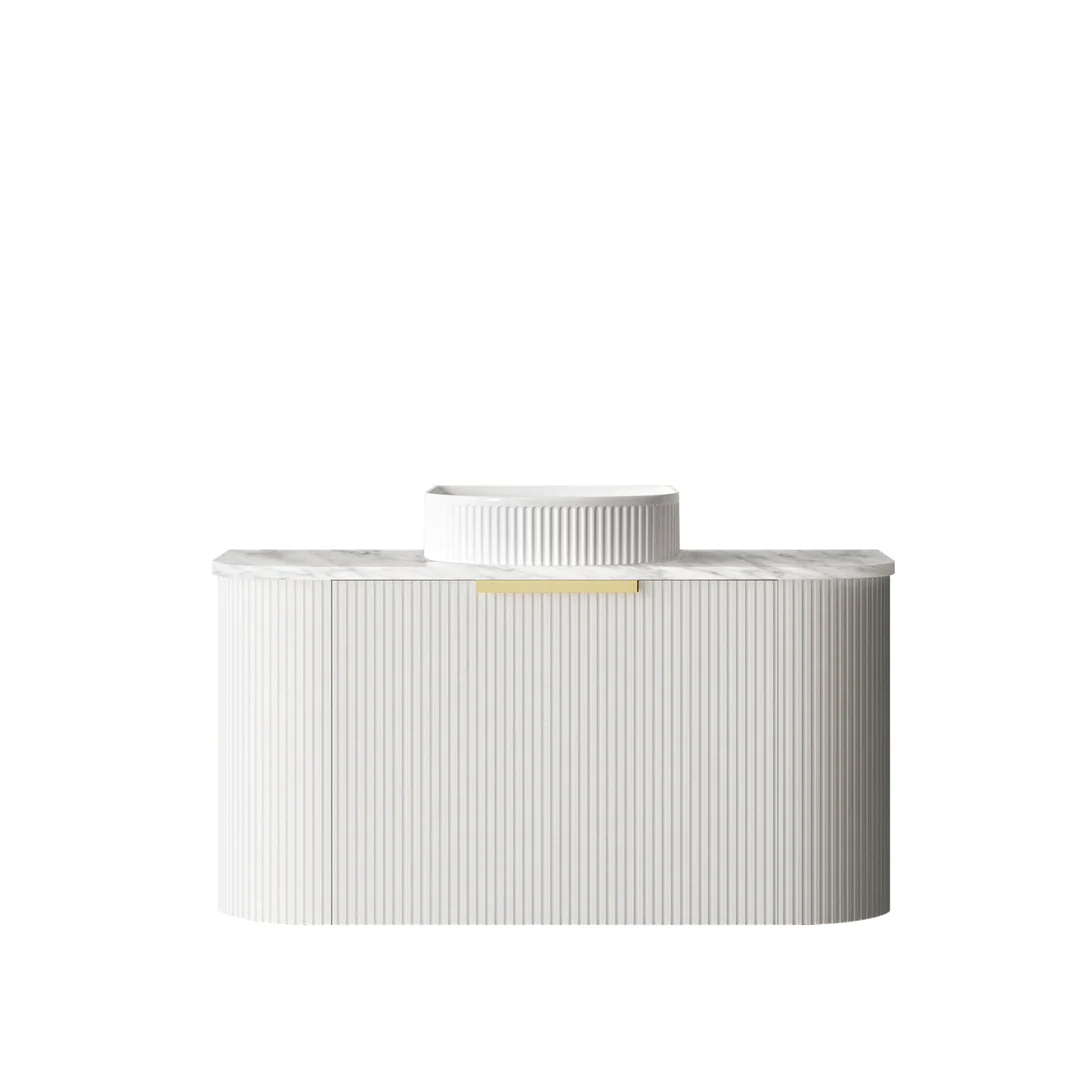 Otti Bondi 900X460X450 W/Hung Satin White Fluted Vanity Natural Carrara Top & Gold Handle - Image 2