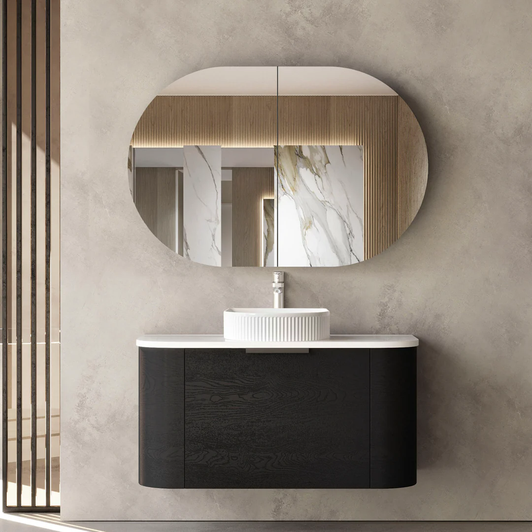 Otti Bondi 900X460X450 Wall Hung Black Oak Plywood Cabinet With Gold Handle 200Mm